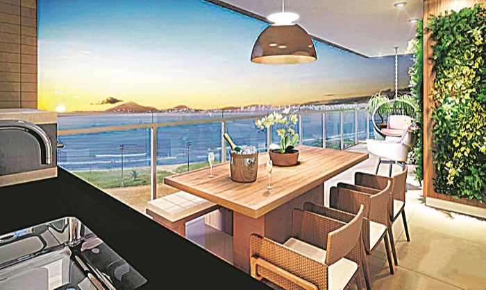 Vista para o mar é o diferencial do Mirador Camburi, alto padrão na avenida Dante Michelini, que também oferece espaço praia, terraço lounge, bike sharing, piscina com prainha e outras opções de lazer (Foto: Divulgação/ Morar Construtora)