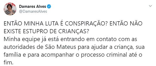 Ministra disse que vai ajudar vítima menina de 10 anos estuprada no Norte do Estado. (Foto: Reprodução Twitter)