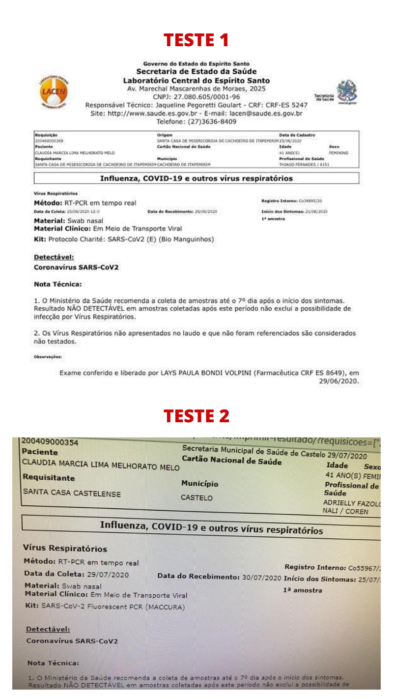 Resultados dos testes de Covid-19 feitos pela contadora Cláudia Márcia Melo (Foto: Divulgação)