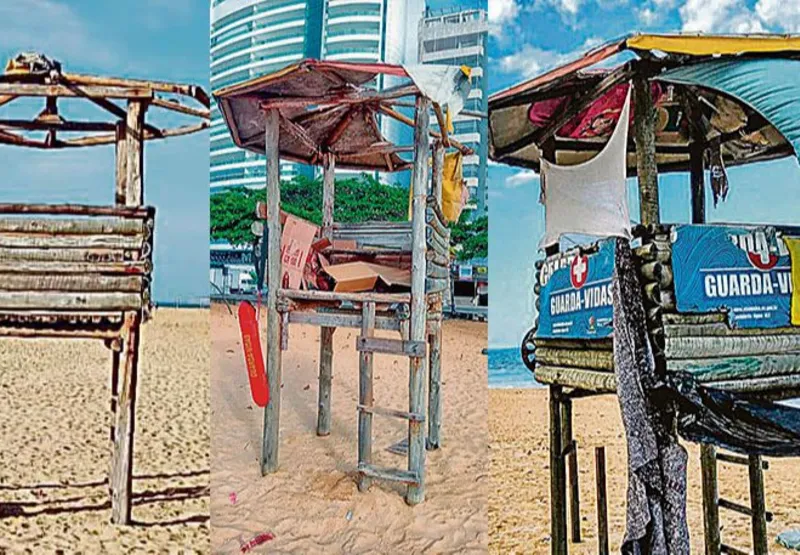 Guarita de observação e barracas dos guarda-vidas sem manutenção na praia de Itapuã: moradores apontam as condições precárias de trabalho
