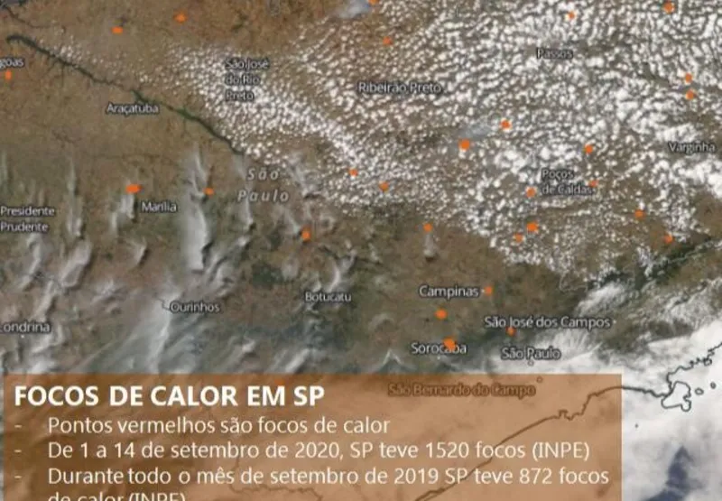 Mapa revela focos de calor no estado de São Paulo.