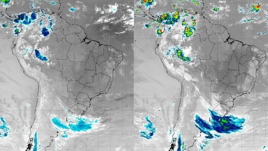 Imagens de satélite mostram ciclone extratropical se aproximando da região Sul do Brasil (Foto: Imagem do Satélite GOES-16/Canal 13)