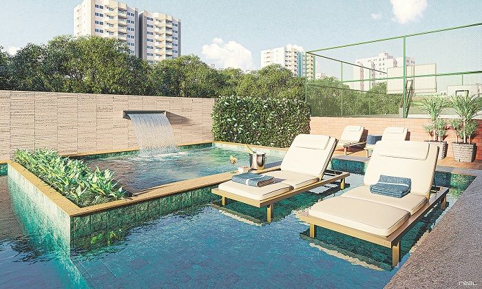 Área de lazer com 760m e diversos itens, como piscina  integrada à sauna, piscina infantil com cascata e  quadra, além de quatro espaços para festas (Foto: Divulgação)