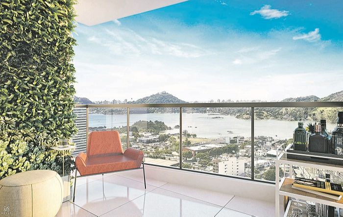 Projeção da varanda do Grand  Suá Tower, com vista para a baía de Vitória e o Convento da Penha (Foto: Assessoria Grand Construtora)