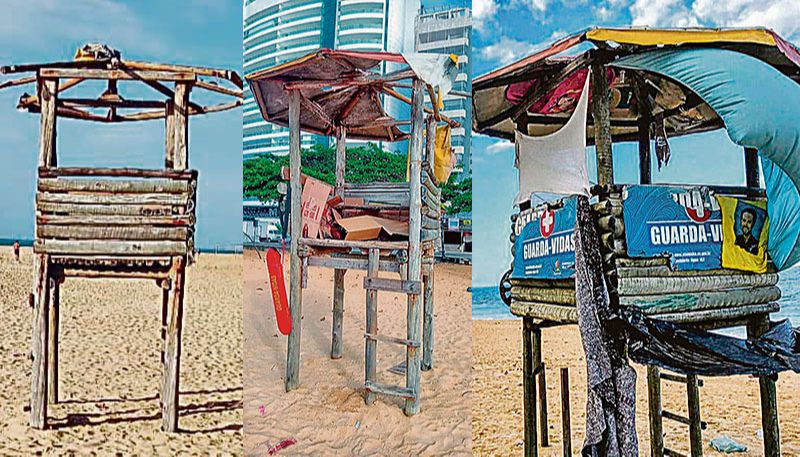 Guarita de observação e barracas dos guarda-vidas sem manutenção na praia de Itapuã: moradores apontam as condições precárias de trabalho (Foto: Fotos: Fábio Fontes)