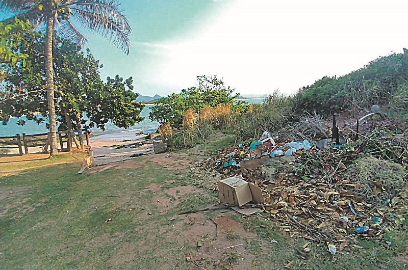 Lixo e entulho jogados sobre a vegetação da Praia de Guaibura. Descartes são feitos por moradores e turistas (Foto: Flávio de Almeida Santos)