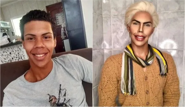 Felipe Adam antes e depois de maquiagem de transformação no boneco Ken