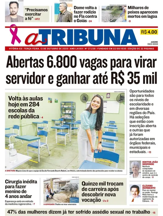 Imagem ilustrativa da imagem Clique aqui e veja os destaques do jornal A Tribuna desta terça
