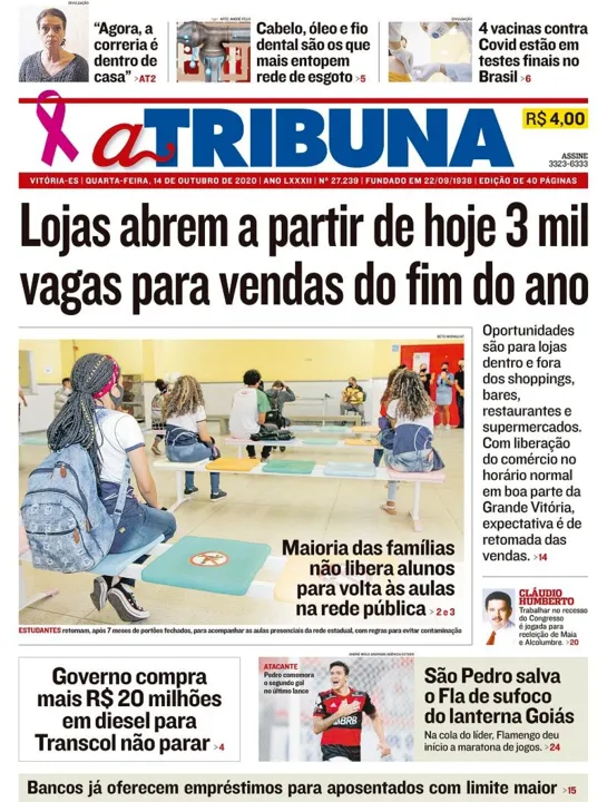 Imagem ilustrativa da imagem Clique aqui e veja os destaques do jornal A Tribuna desta quarta