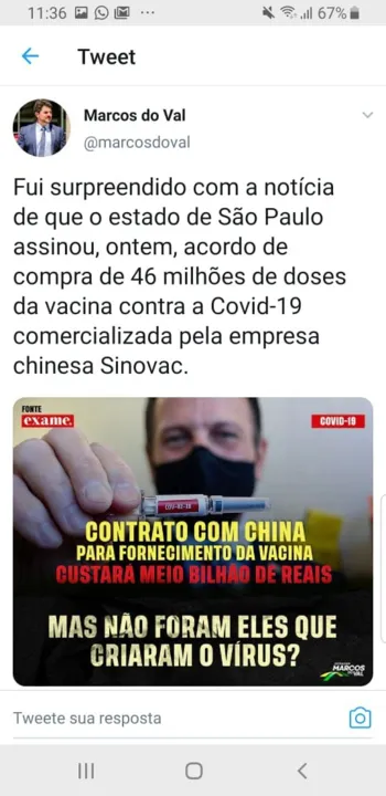 Imagem ilustrativa da imagem Em rede social, senador liga China à “criação” do coronavírus