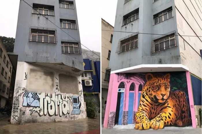 Imagem ilustrativa da imagem Pintura de onça gigante 3D transforma prédio no centro de Vitória
