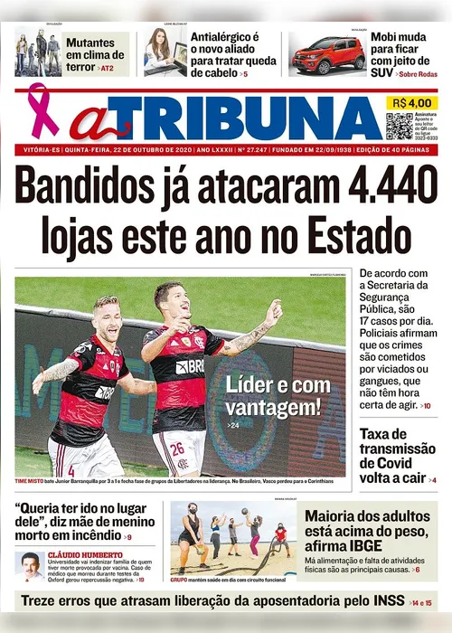 Imagem ilustrativa da imagem Clique aqui e veja os destaques do jornal A Tribuna desta quinta