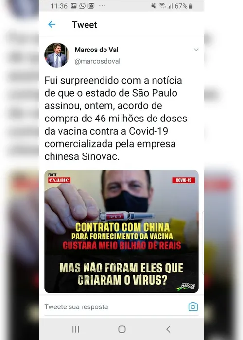 Imagem ilustrativa da imagem Em rede social, senador liga China à “criação” do coronavírus