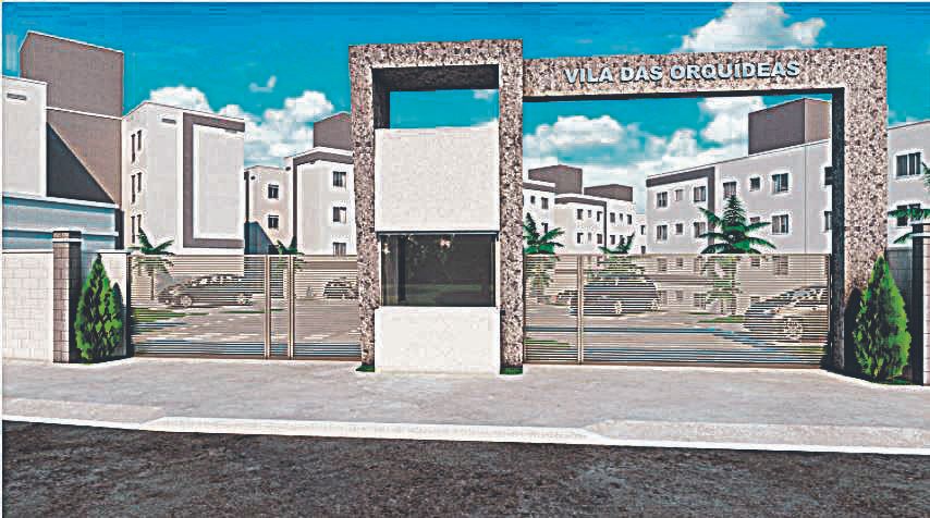 Perspectiva do portal do condomínio Vila das Orquídeas, na Serra