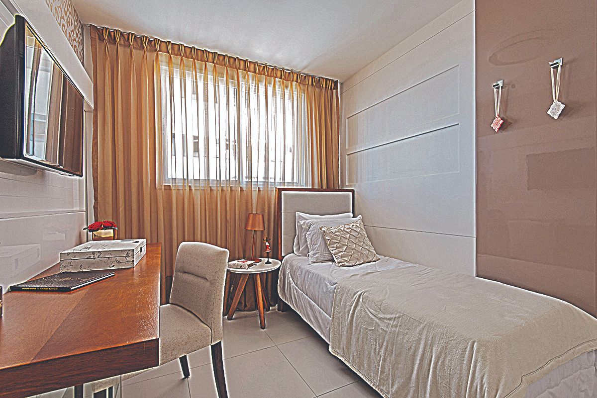 Quarto do apartamento decorado do edifício Meliá, localizado na Praia de Itaparica, em Vila Velha. Unidades expostas no Salão do Imóvel