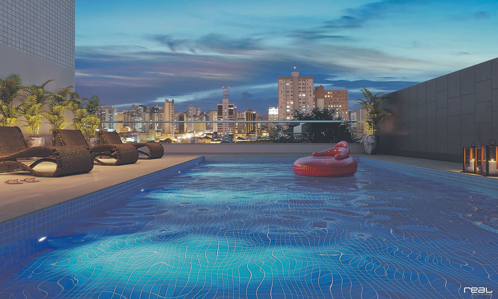 Perspectiva da piscina do condomínio: área de lazer será entregue montada e equipada. Dentre os itens para diversão estão quadra, brinquedoteca e churrasqueira