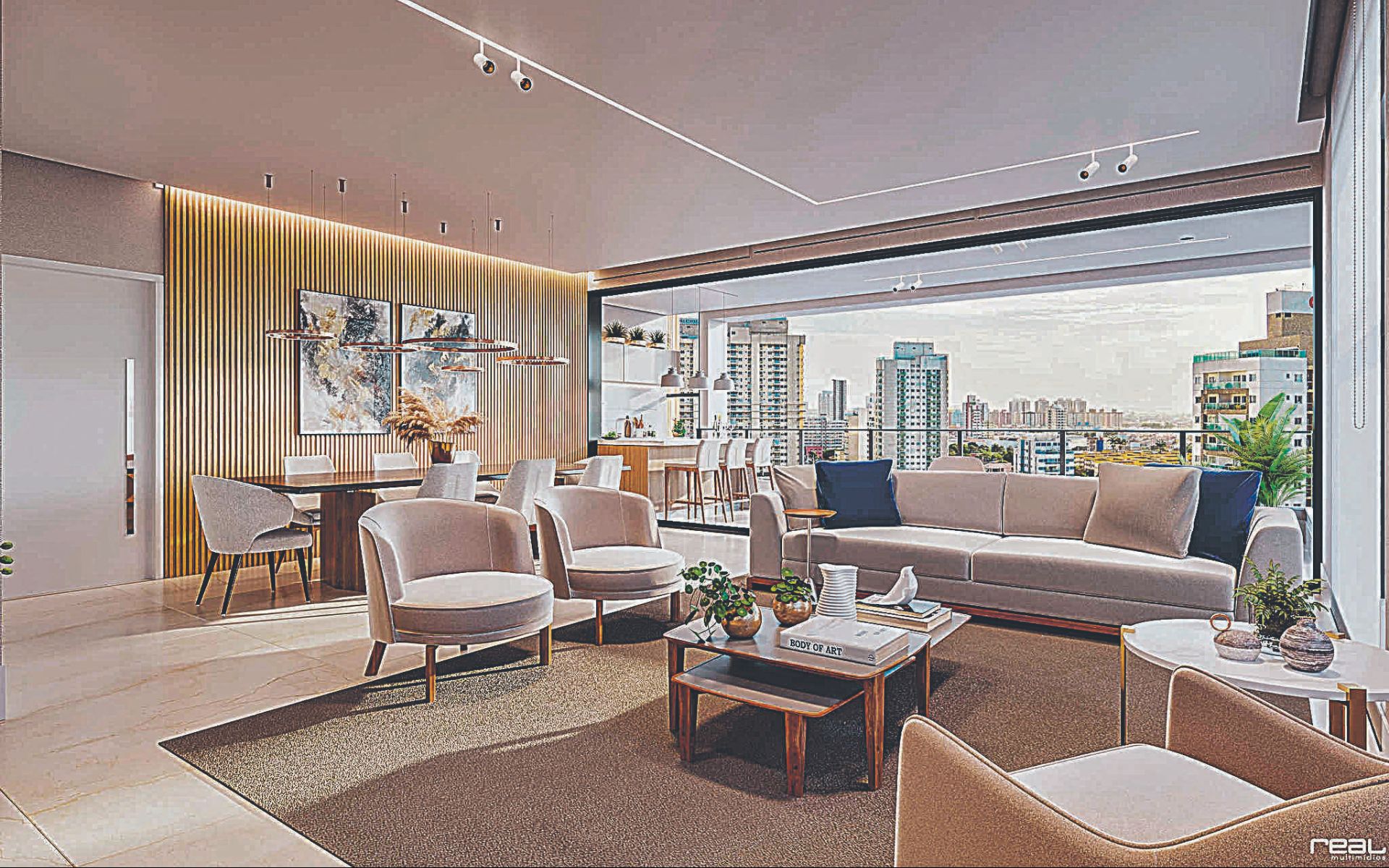 Sala ampliada do apartamento que terá área privativa total de 166,20m