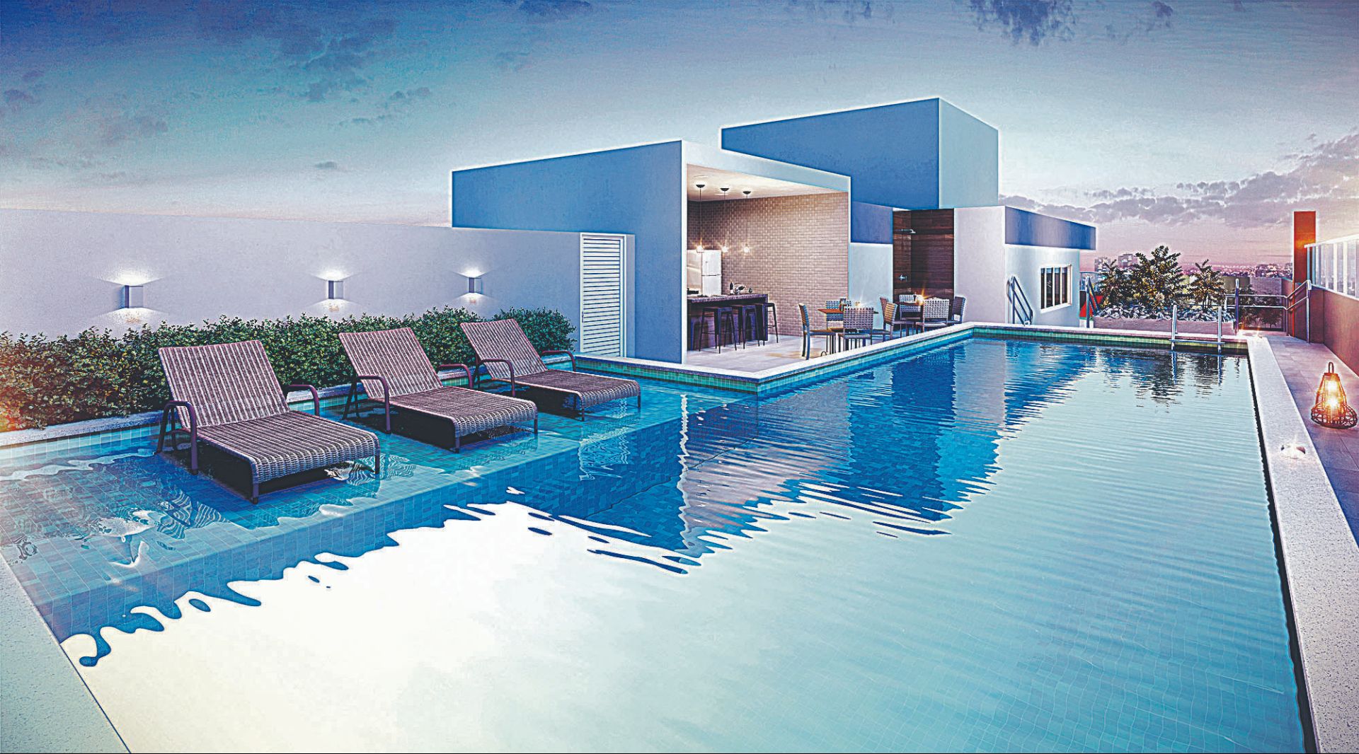 Perspectiva da piscina do Uniplace, em Jardim Camburi: edifício terá 61 apartamentos