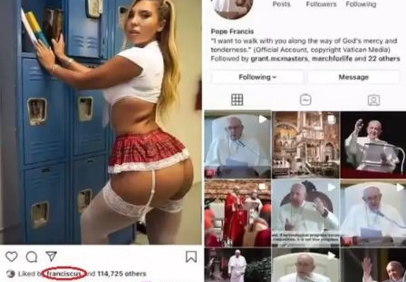 A conta oficial do papa curtiu uma publicação em que a modelo aparece usando um uniforme de estudante e uma calcinha fio-dental