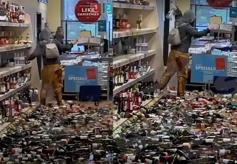 Mulher entra em mercado e quebra centenas de garrafas de bebida alcóolica em Hertfordshire, na Inglaterra
