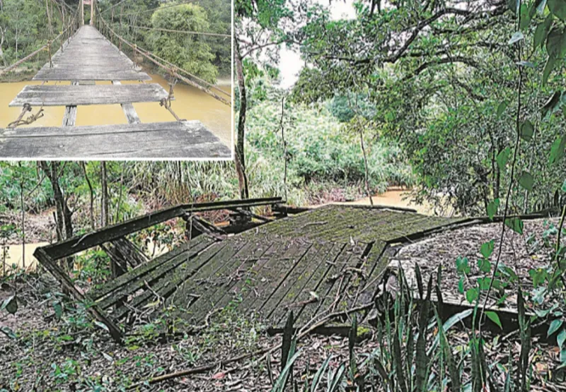 Ilha  do Meirelles: patrimônio natural  virou ponto de usuários de drogas, e ponte de acesso (destaque) está destruída