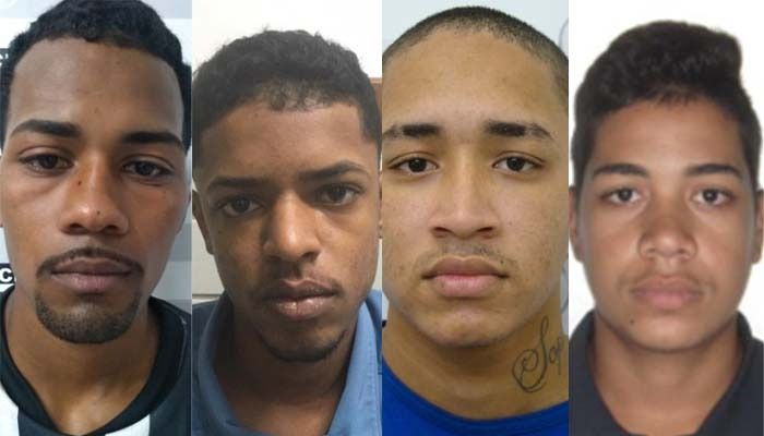 Os acusados: Werik Santa'ana dos Santos da Silva, vulgo Mamão; Adriano Emanoel de Oliveira Tavares, vulgo Da Bala; Felipe Domingos Lopes, Cara de Boi e Victor Bertholini Fernandes (Foragido) (Foto: Divulgação/PCES)