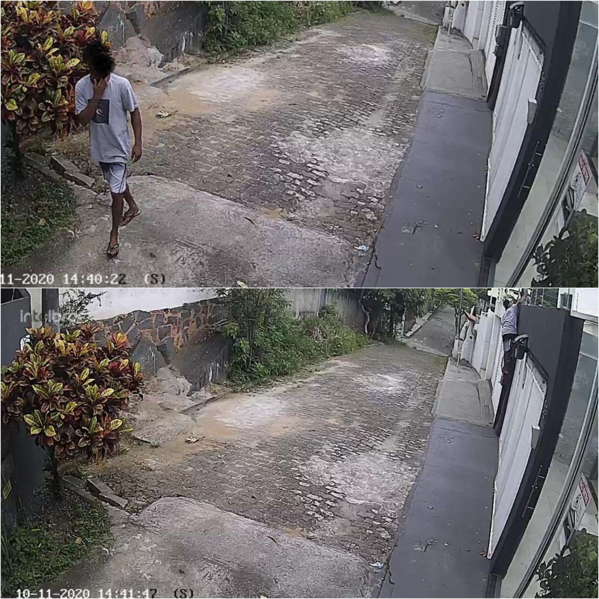 As fotos mostram o ladrão olhando a casa e logo em seguida subindo na caixa do padrão de energia (Foto: Divulgação)
