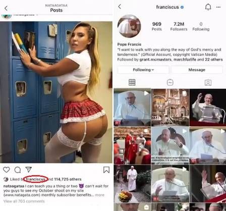 A conta oficial do papa curtiu uma publicação em que a modelo aparece usando um uniforme de estudante e uma calcinha fio-dental (Foto: Reprodução)