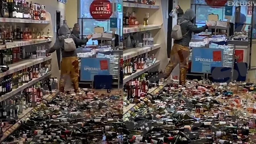 Mulher entra em mercado e quebra centenas de garrafas de bebida alcóolica em Hertfordshire, na Inglaterra (Foto: Reprodução/Youtube/The Sun)