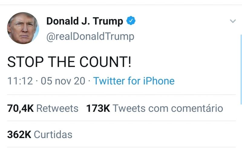 Donald Trump pede que parem a contagem de votos (Foto: Reprodução/Twitter)