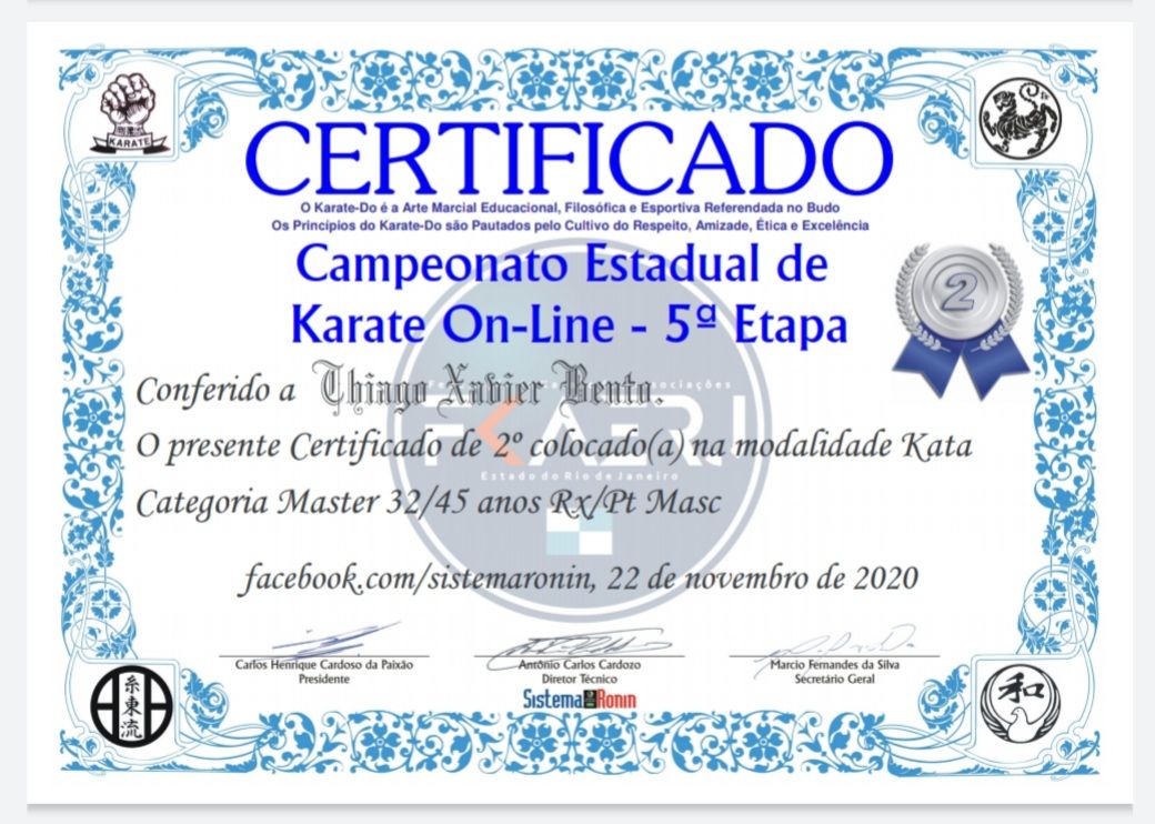 A entrega das medalhas e dos troféus também foi adaptada e os vencedores receberam certificados enviados de forma on-line (Foto: Acervo Pessoal)