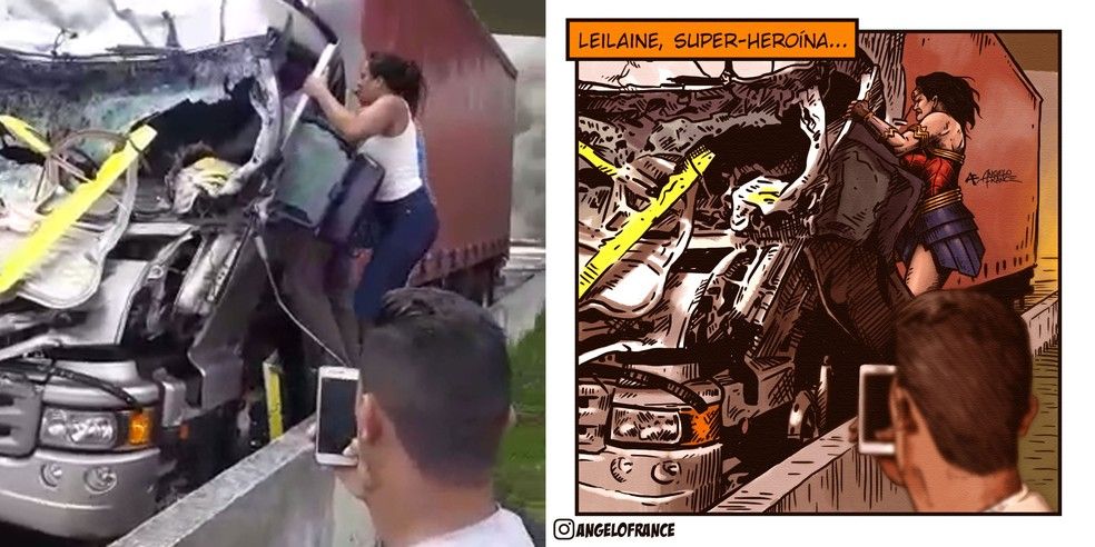 Ilustrador Angelo France fez desenho em HQ para homenagear Leiliane Rafaela (Foto: Reprodução/Redes sociais e Divulgação/Angelo France)