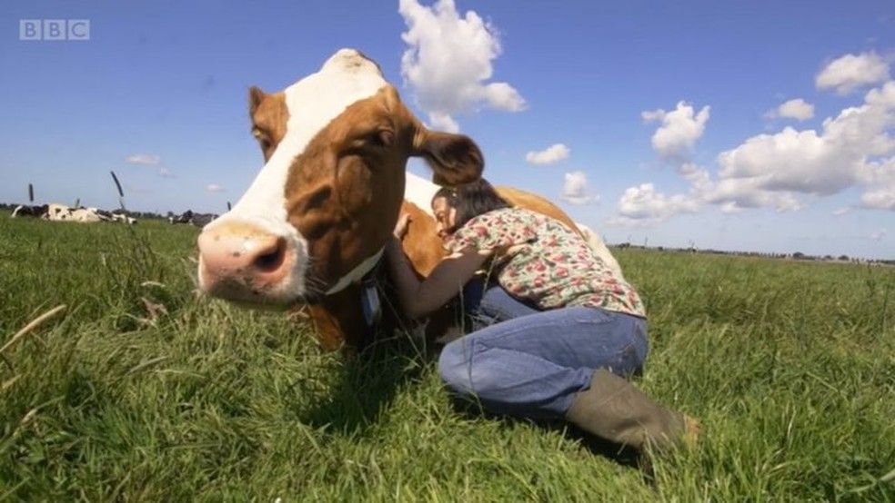 Mulher abraça vaca como terapia (Foto: Reprodução BBC)