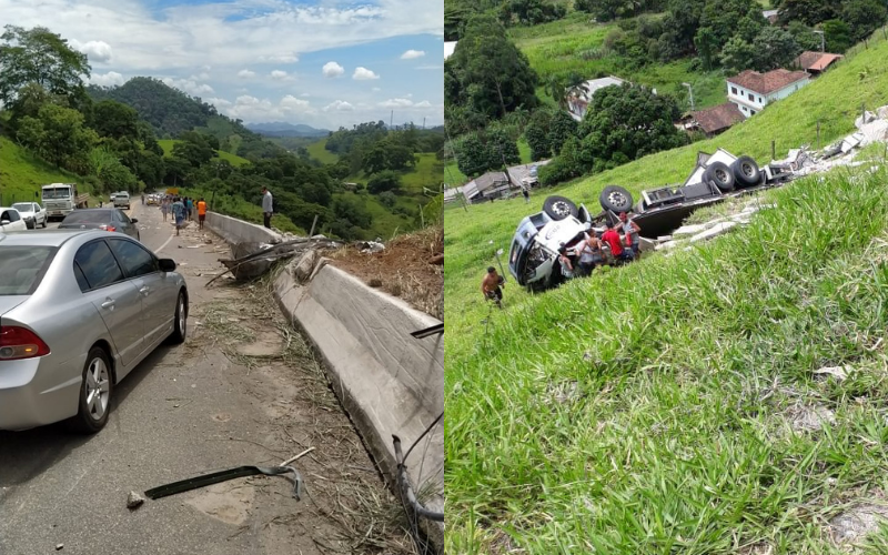 Na primeira foto, a barreira que o caminhão atravessou e, na segunda, o caminhão na ribanceira (Foto: Reprodução/Redes Sociais)