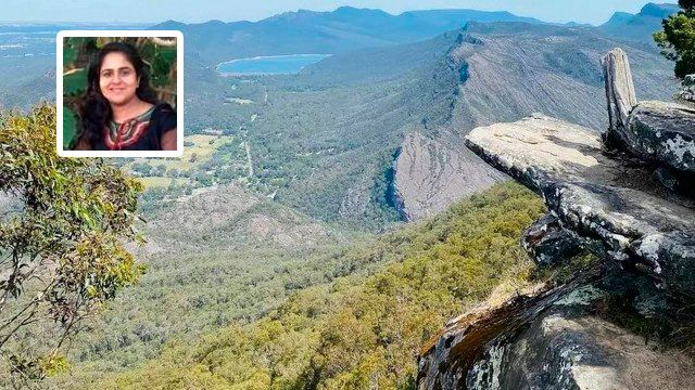 Pedra no penhasco do Parque Nacional Grampians, na Austrália, onde a turista (destaque) caiu (Foto: Reprodução / Instagram)