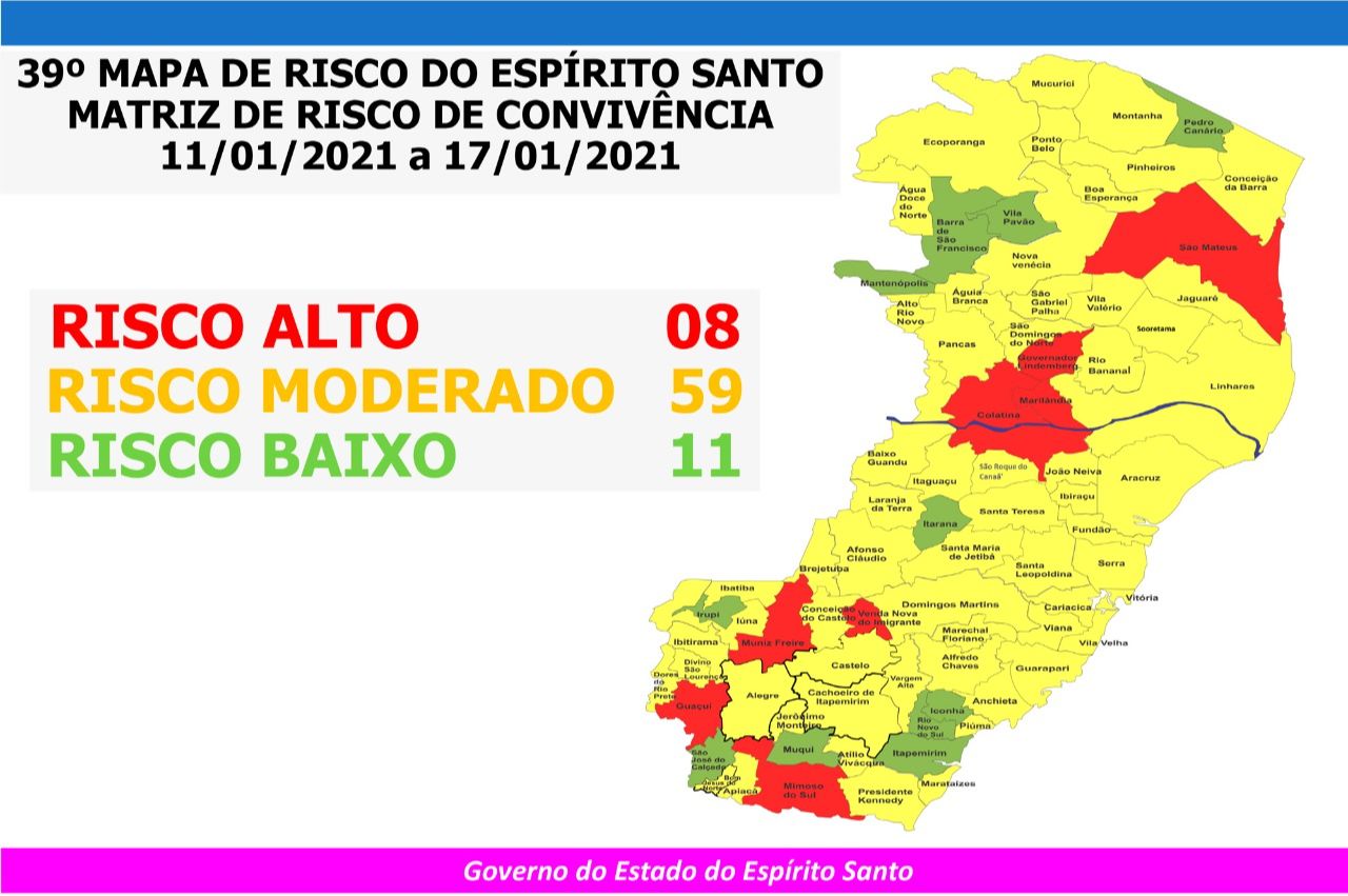 Cidades em vermelho estão em risco alto, amarelo indica risco moderado e verde para risco baixo. (Foto: Divulgação/Sesa)
