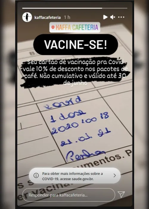Imagem ilustrativa da imagem Cafeteria em Vitória oferece desconto para quem se vacinou contra a covid