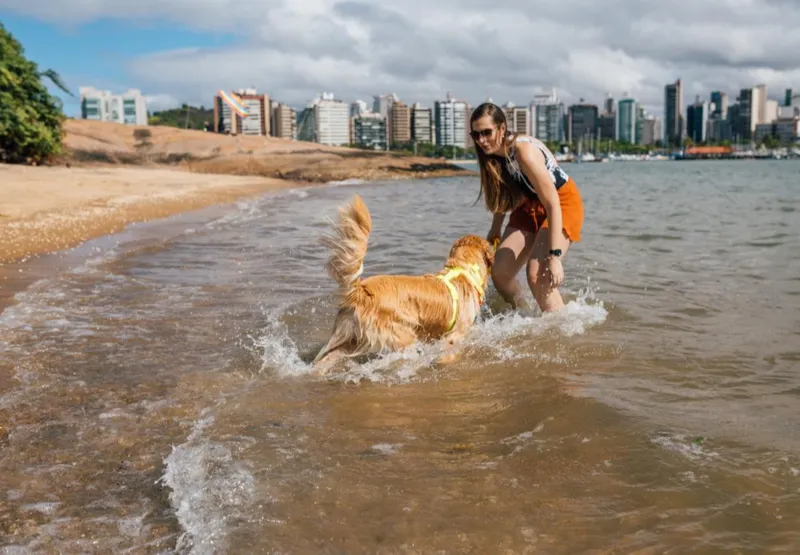 Elaisa passeio com o Link na praia em horários mais frescos e carrega sempre água, além de protetor solar para pet.