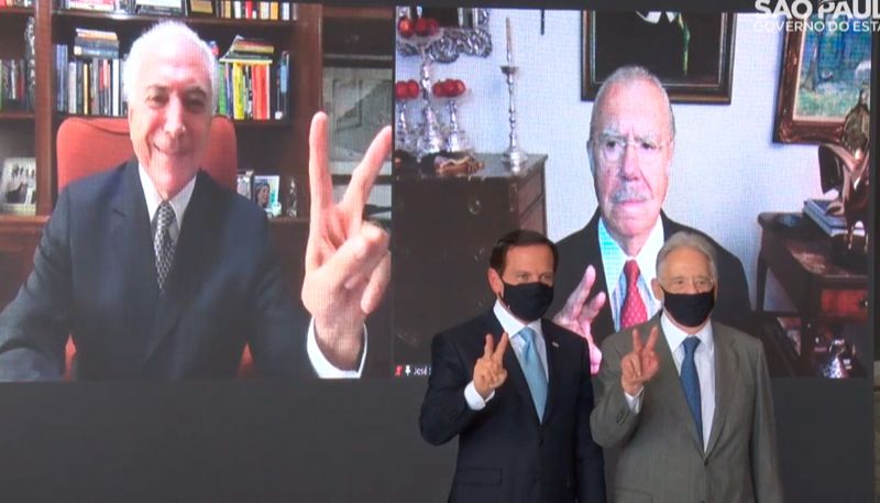 Michel Temer e José Sarney (por vídeo) participaram do ato com João Dória e Fernando Henrique Cardoso (Foto: Reprodução / Youtube)