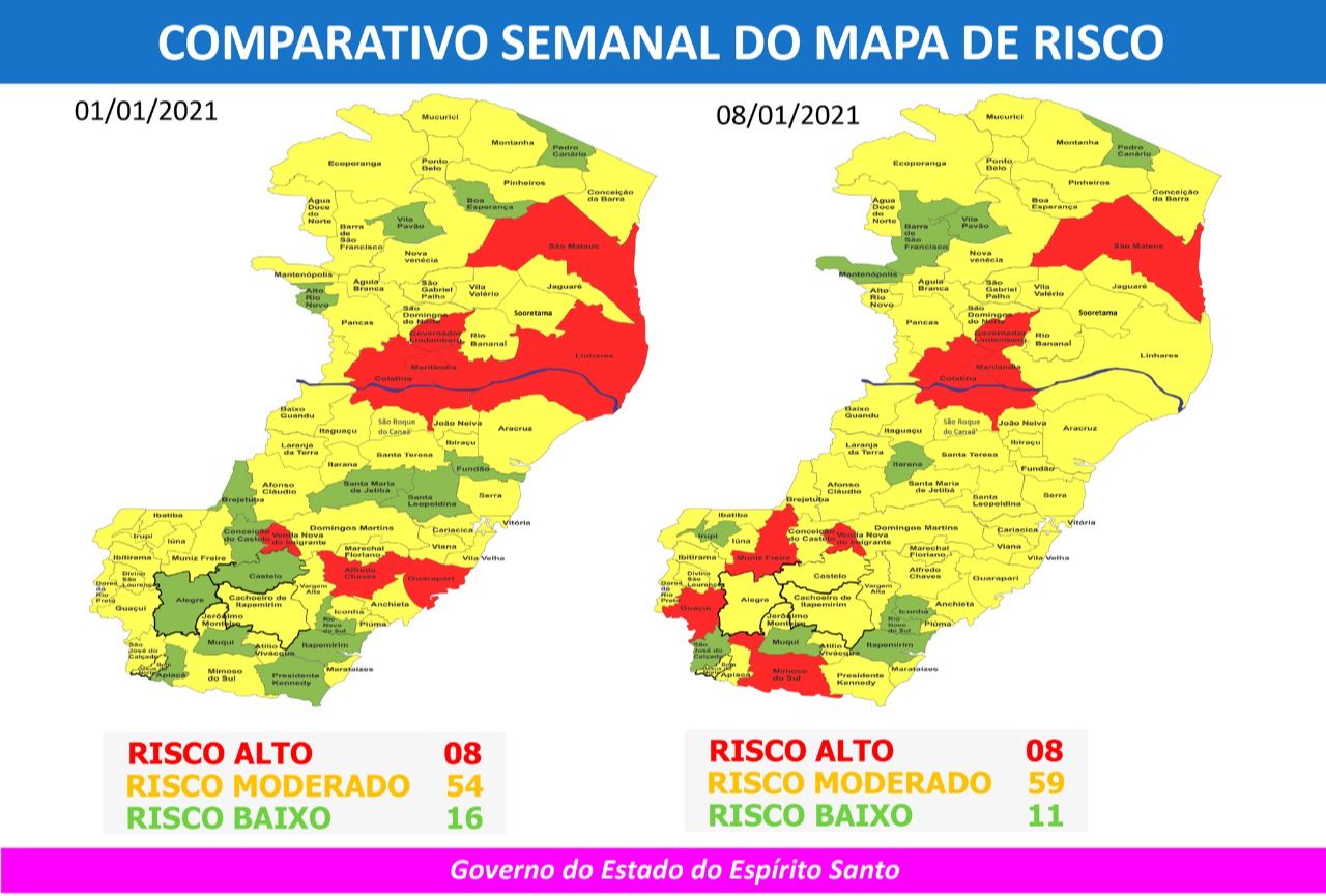 Comparativo entre mapas de risco que vigora até domingo e do que passa a valer na segunda-feira. (Foto: Divulgação/Sesa)