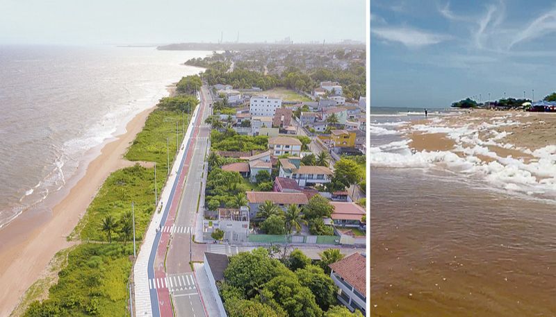 Praia de Bicanga, na Serra, onde a espuma (direita) apareceu e assustou os banhistas (Foto: Arquivo / AT e Divulgação)