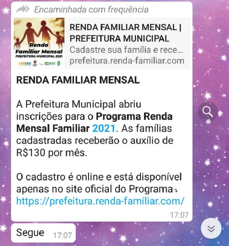 Aproveitando a preocupação das famílias, que tiveram sua renda afetada pelo fim do Auxílio Emergencial, a mensagem compartilhada por golpistas oferece um cadastro para uma ajuda de R$ 130 (Foto: Divulgação)