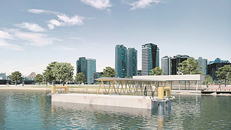 Projeção virtual mostra como deve ficar o píer da Praça do Papa, na Enseada do Suá. Assim será o terminal para embarcar, desembarcar, pagar a tarifa e para esperar a chegada de um novo barco. (Foto: Divulgação)