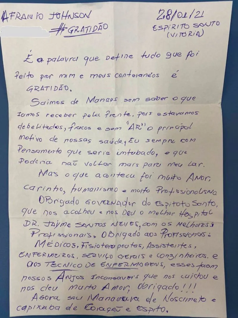 Imagem ilustrativa da imagem Paciente de Manaus curado da Covid agradece: "Agora sou capixaba de coração e espírito"