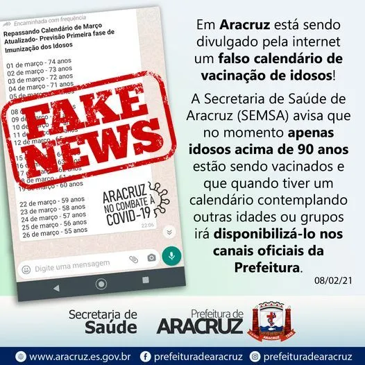 Imagem ilustrativa da imagem Prefeituras alertam para cronograma falso de vacinação nas redes sociais