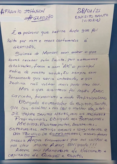 
          Imagem ilustrativa da imagem Paciente de Manaus curado da Covid agradece: "Agora sou capixaba de coração e espírito"
          