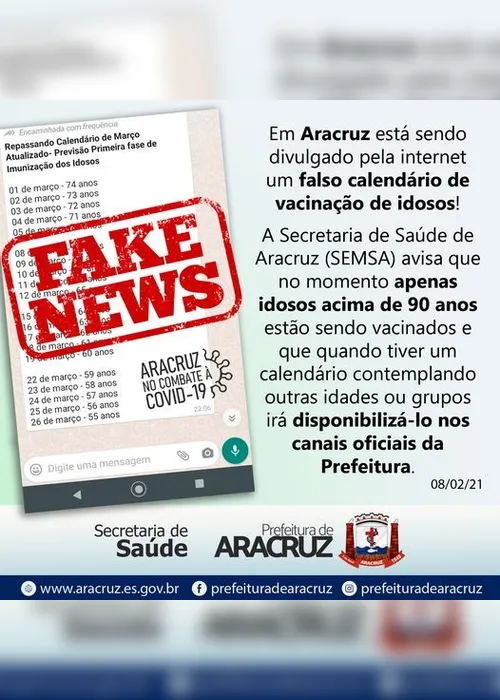 
          Imagem ilustrativa da imagem Prefeituras alertam para cronograma falso de vacinação nas redes sociais
          