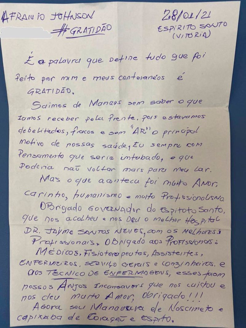 Carta escrita por um dos pacientes de Manaus (Foto: Reprodução / Twitter)