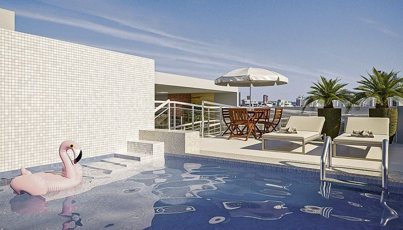 Edifício Montecarlo terá lazer com piscina, deque, sauna e churrasqueira na cobertura (Foto: Divulgação / Bozi)