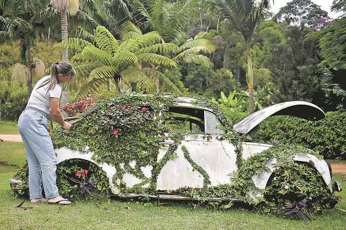 A iniciativa de transformar um carro em objeto de decoração foi da empresária Arciléva Bermudes (destaque) (Foto: Arciléa Zaager Bermudes)